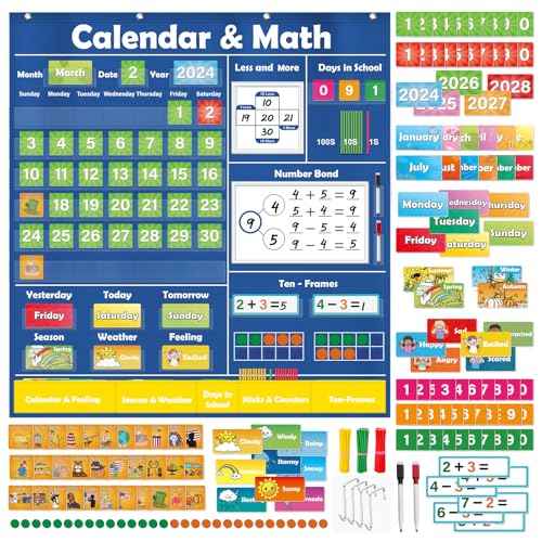 Pocket Chart for Classroom,Toddler Preschool Classroom Math Calendar,Circle Time Learning Center,Math Manipulatives,Addition and Subtraction Games,Homeschool Supplies,Classroom Must Haves