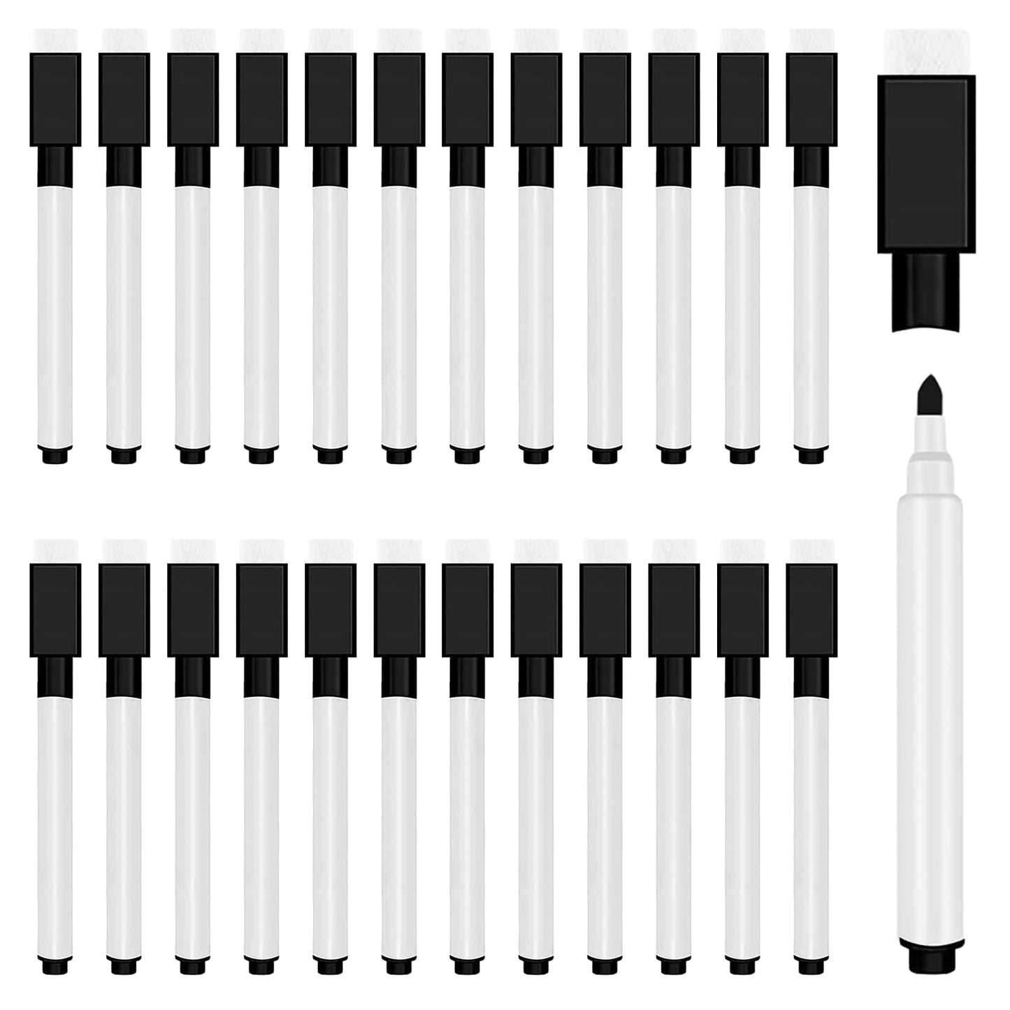 JEFURE 25 Pcs Black Magnetic Dry Erase Markers with Eraser Cap, White Board Mini Dry Erase Markers Bulk, Fine Point Tip Student White Board Markers for Teachers Office School Supplies