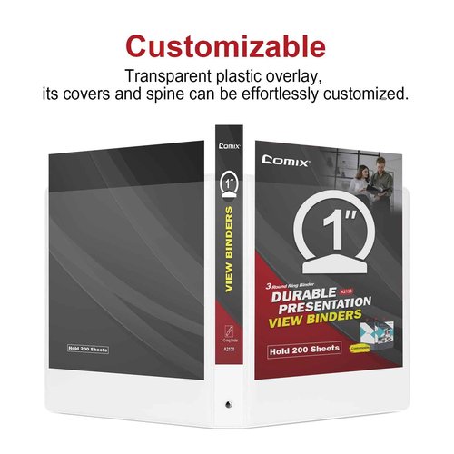 COMIX Sturdy 3 Ring Binder 1 inch with Clear View Cover, 1" Round Ring View Binder, PVC-Free, 200 Sheets Capacity of US Letter Size Paper, Office ＆ School Supplies, Pack of 12 (White)