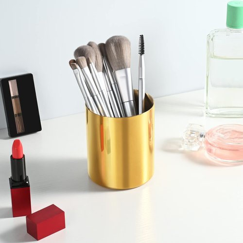 Bidponds 2 Packs Gold Round Stainless Steel Pen Holder,Desktop Stationery Organizer,Vacuum Plating Makeup Brush Holder