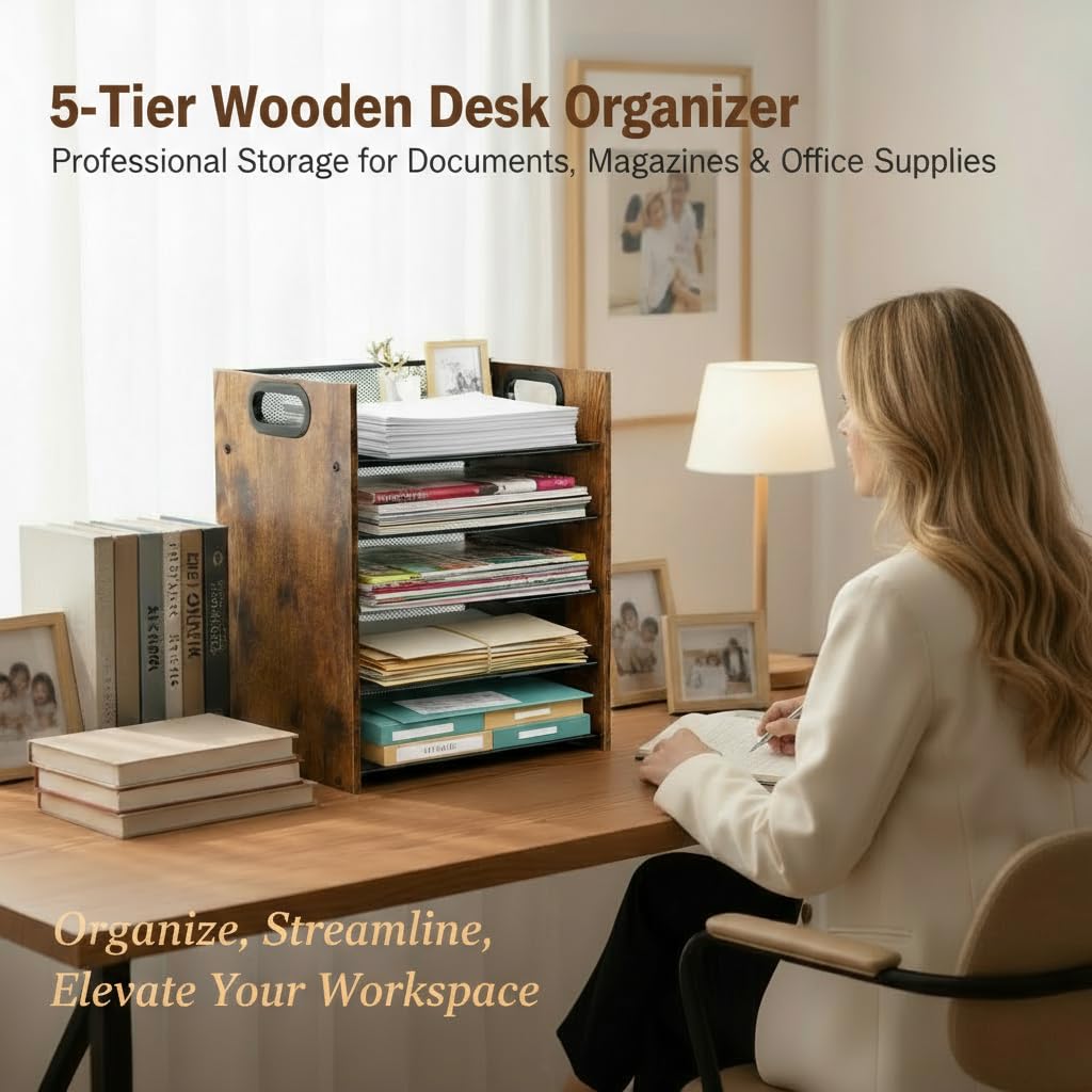 Boershun Desk Organizer - 5-Tier Desktop File Organizer, Wooden Paper Tray Organizer, Office Desk Organzier and Accessories for Papers, Mail, Notebooks, Stationery