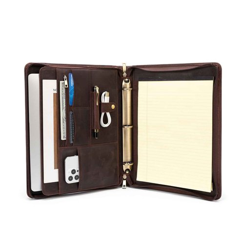 YIWEN Handmade Crazy-Horse Leather 3 Ring Binder Portfolio Padfolio Folder with Zipper for Men and Women, Business Organizer for Letter A4 Size for Meeting and Travel (Non-Custom, Dark Brown)