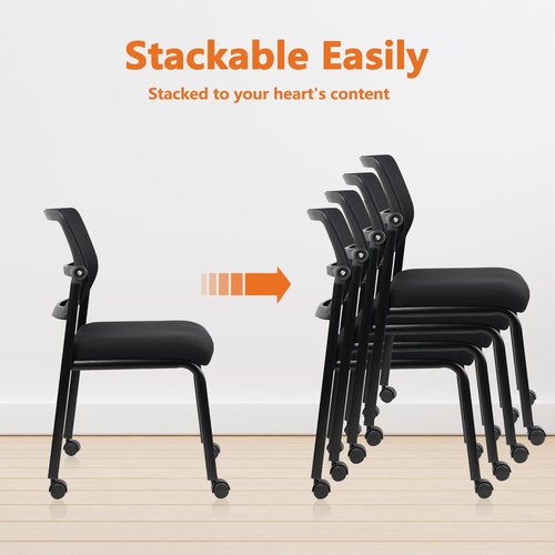 CLATINA Waiting Room Chair with Wheels Adjustable Mesh Backrest Stacking Armless Office Chair, Ergonomic Lumbar Support and Thickened Leather Seats Cushion for Home Conference Lobby Side School Black