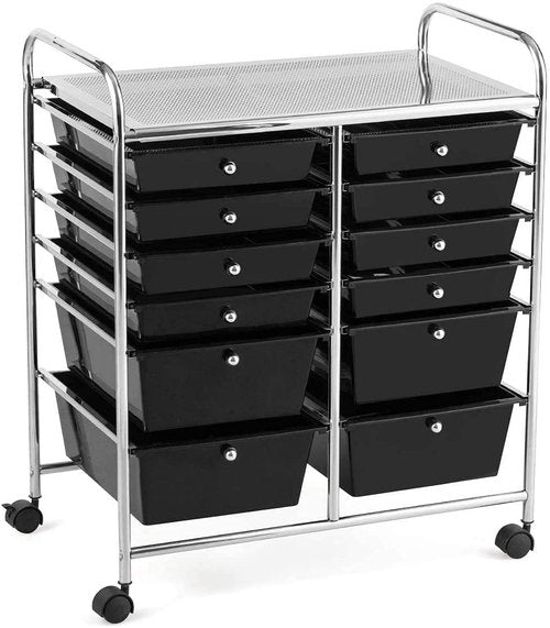 FANTASK 12-Drawer Rolling Storage Cart, Multipurpose Organizer Utility Trolley on Wheels, Tools Scrapbook Paper Organizer for School, Office, Home, Beauty Salon (Black)
