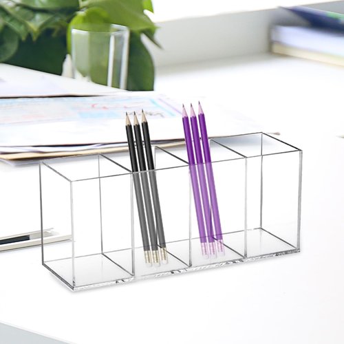 Acrylic Pen Holder Clear Pencil Organizer Makeup Brush Holder Countertop Desk Accessory Storage (4 Compartments)
