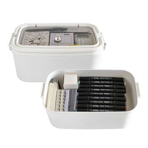 NINEWEEN 2 Pack Plastic Pencil Box with Lid, Plastic Large Home Office Supplies Storage Container for Desk, Marker Pen, Cards, Medicine, Crayons, School Stationery, White Art and Crafts Organizer