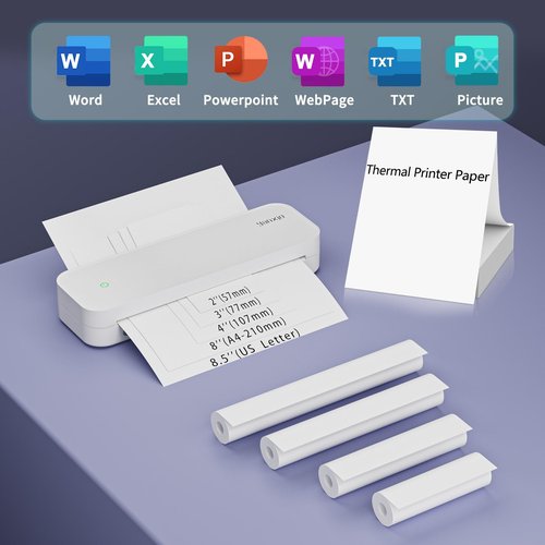 yanxio Portable Printer, Portable Printers Wireless for Travel, Inkless-Thermal-Small-Printer, Support A4&A5 & 8.5 x 11inch Thermal Papers, Support iOS, Android, Windows (with 3 Roll Papers & Case)