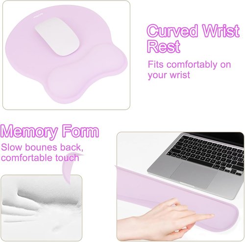 MOSISO Ergonomic Wrist Rest Support Set - Curved Memory Foam Mousepad & Keyboard Pad, 2 Pack - Purple