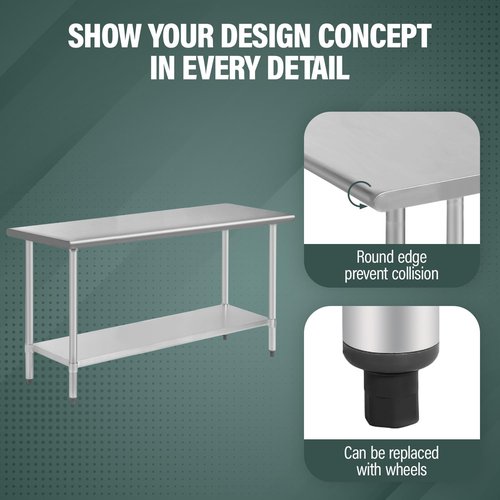 Stainless Steel Kitchen Work Table Work Table for Pre&Work 24 x 60 Inch NSF Metal Commercial Table w/Undershelf &Galvanized Legs Adjustable Table Foot Worktable Workstation for Kitchen Home Restaurant