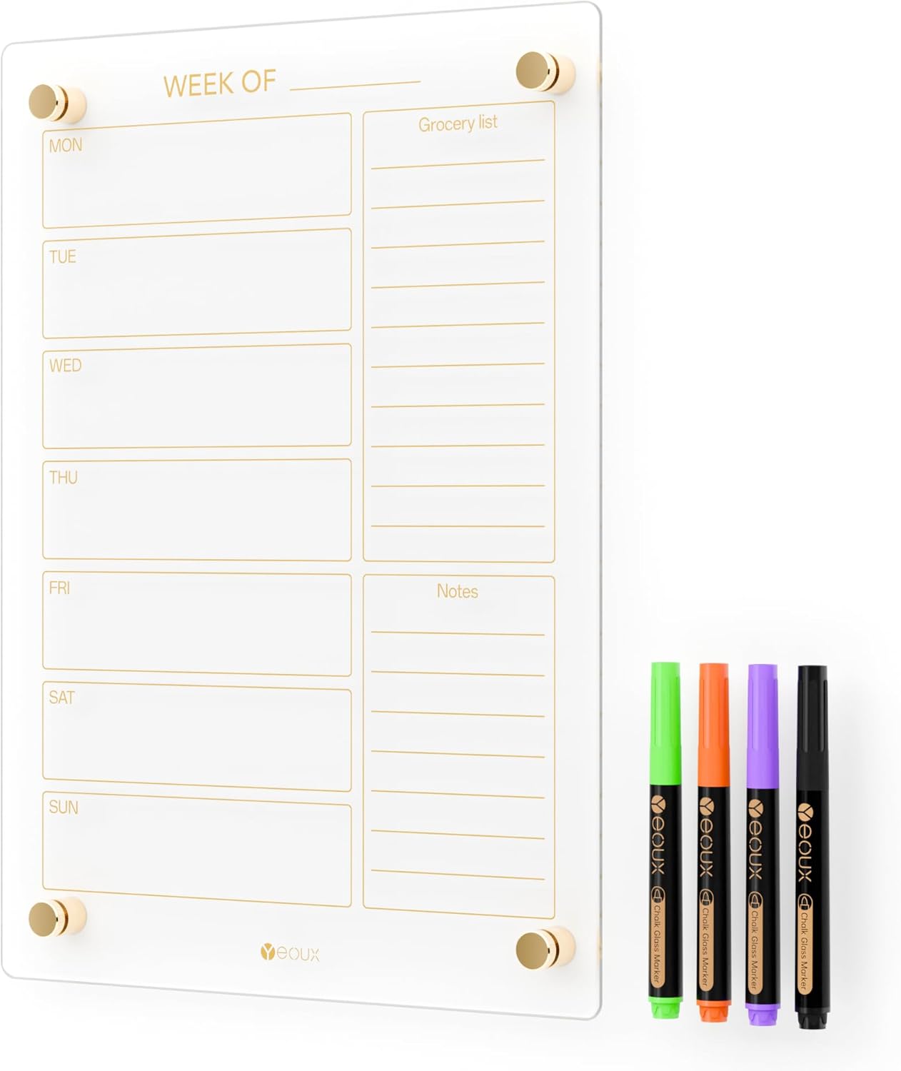Yeoux Clear Glass Weekly Dry Erase Calendar - Non-Magnetic Wall Whiteboard for Meal Planning & Grocery Lists, 15x11 Inches, 4 Wet Erase Markers Included