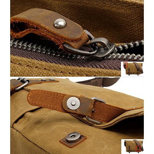 HuaChen Mens Messenger Bag, Vintage Genuine Leather Waxed Canvas Shoulder Bag for 14" Laptop,Rugged Briefcase Satchel