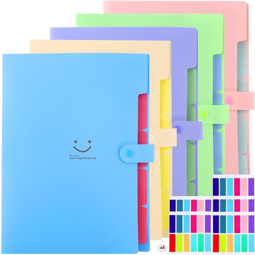Gabotrie 5PCS Expanding File Folders,Plastic Accordion Folder with 5 Pocket,A4 Size Accordion Document Organizer,Expandable File Folder with 60 Labels for Home Office(Green+Blue+Pink+Purple+Beige)