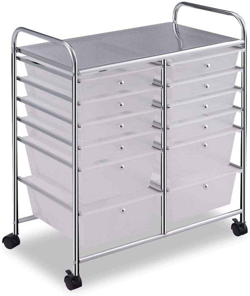 SPSUPE 12-Drawer Rolling Storage Cart, Utility Cart Storage Shelves with 4 Universal Wheels, Tools Scrapbook Paper Organizer, Ideal for Home Kitchen Office Organizing (Transparent)