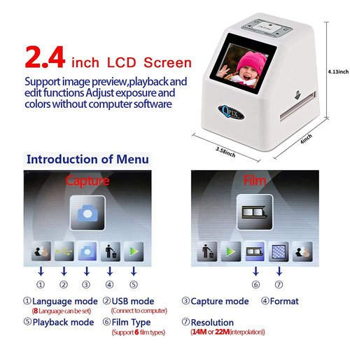 Film Negative Scanner 22 MP 110 135 126KPK Super 8 Negative Photo Scanner 35mm Slide Film Scanner Digital Converter High Resolution 22MP 2.4" LCD(White)