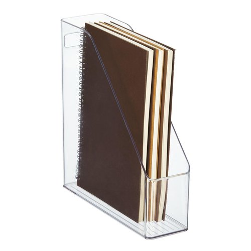 mDesign Plastic Slim Vertical File Folder Storage Organizer Bin with Handle - Hold Notebooks, Binders, Envelopes, Magazines for Home Office, Work Desktops, Ligne Collection, Clear