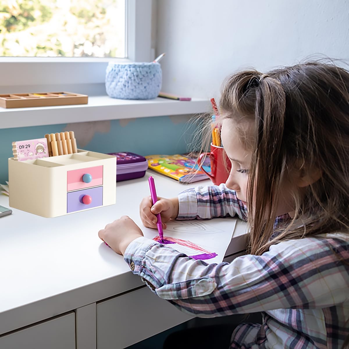 Stationary Organizer - 7-Grid Desk Organizer with Drawer | Multifunctional Plastic Pen Holder for Home & Office (White)