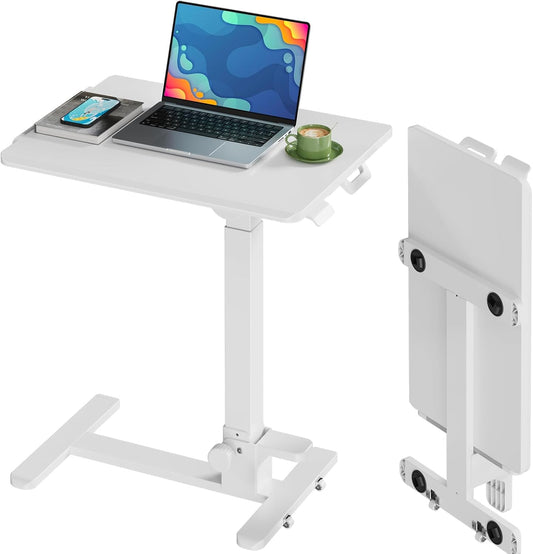 Skiennix Foldable Mobile Standing Desk - 27 Inch Adjustable Rolling Laptop Cart | Portable White Workstation