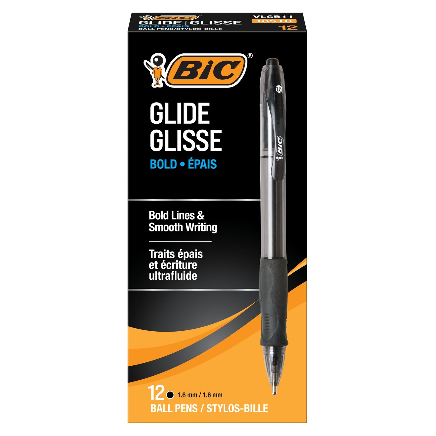 BIC Glide Bold Black Ballpoint Pens, Bold Point (1.6 mm), School Supplies for Students and Teachers, with Full Grip, 12-Count Pack in Black