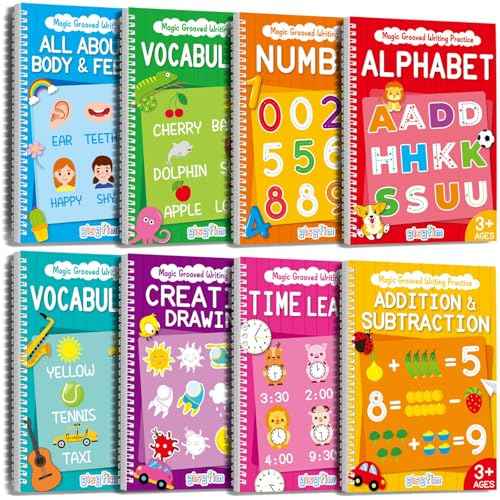 8 Pieces Magic Grooved Writing Practice Books Disappearing Ink Pens Reusable Groove Workbooks Tracing Handwriting Practice Without Tears for Kids Kindergarten Preschool Supplies,10.2 x 7.3inch