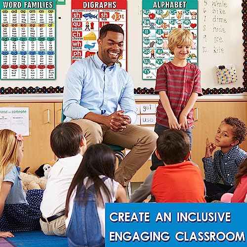16 English Phonics Posters Language Arts Charts for Kids Toddler Learning Vowels Posters, Phonics Poster for Classroom, Digraphs and Blends Poster, Sound Wall Phonics Chart, Boho Classroom