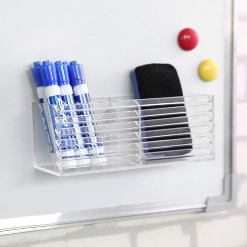 MyGift 2 Slot Clear Acrylic Magnetic Whiteboard Marker Holder, Decorative Office Supplies Storage Bin Organizer, Desktop Pencil Cup