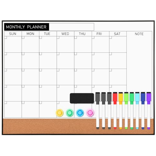 Lumspax Dry Erase Calendar with Cork, 24" x 18" Large Calendar Whiteboard for Wall, Black Narrow Frame Monthly Combination Board for School, Home, Office