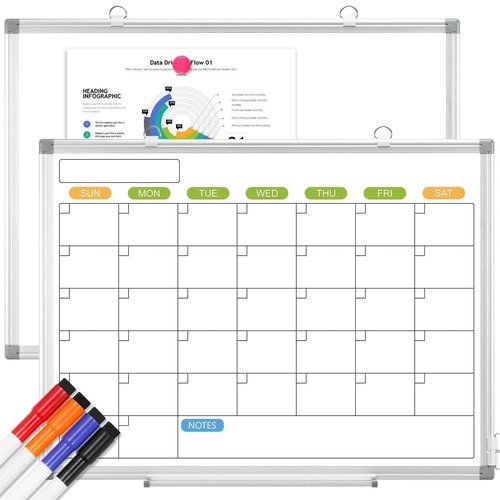 Dry Erase Calendar Whiteboard for Wall, 24" x 18" Magnetic Monthly White Board Calendar, Hanging Double-Sided White Board for Planning, Memo, School, Home, Office