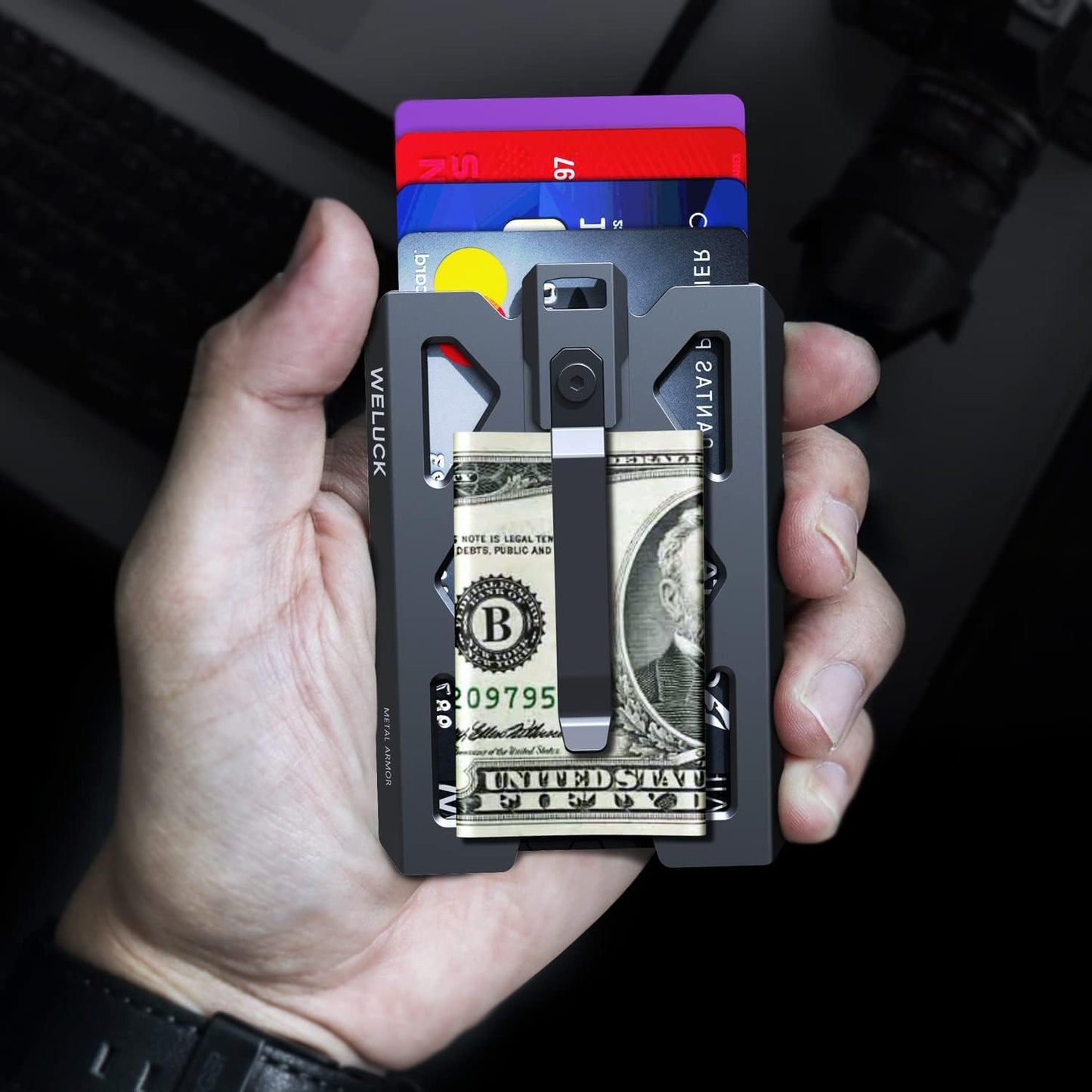 WELUCK Durable Aluminum ID Card Holder Wallet - 4 Cards/ID Badges with Lanyard & Metal Clip | Black