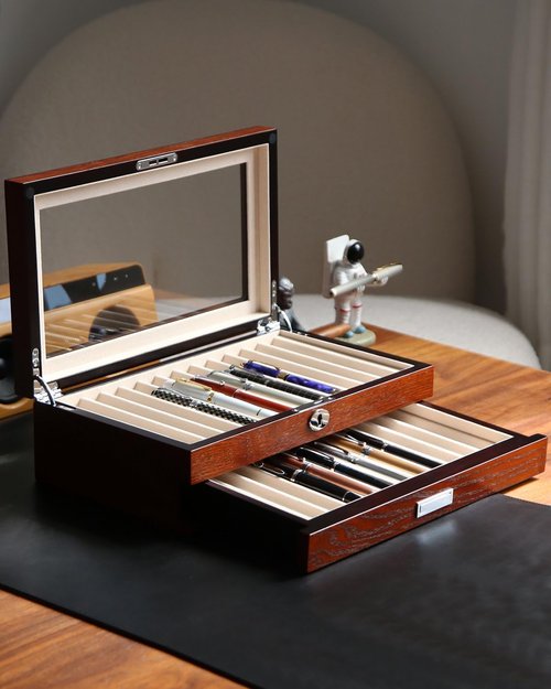 Besforu wood pen display case 24 slot Fountain pen Box storage Organizer with drawer, Top Glass Window Pen Collection Display Case