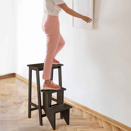 BETTARY 3-Step Folding Wooden Step Stool, Portable Anti-Slip Step Ladder, Foldable Wood Counter Staircase, Multifunctional Flower Shelf & Chair for Kitchen/Garage/Living Room/Library (Brown)