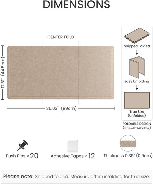 Fluxynara Cork Board Alternative - 35" x 17.5" Foldable Felt Pin Board with 12 Removable Adhesive Tabs | Taupe for Home, Office, Classroom
