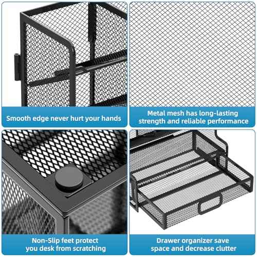 Marbrasse Larger Mesh Desk Organizer with Drawer, Multi-Functional Pen Pencil Holder, Easy Assembly, Desk Organizers and Accessories for Office Art Supplies (Black)