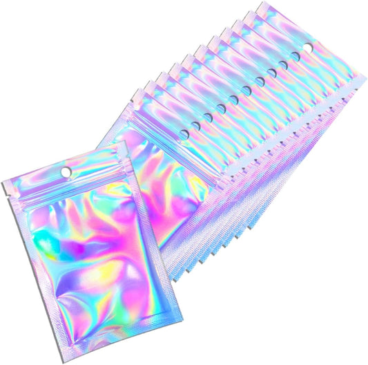 Skiennix Holographic Resealable Packaging Bags - 100 Pcs Cute Smell Proof Foil Pouches | 4x6 Inch for Small Business Supplies