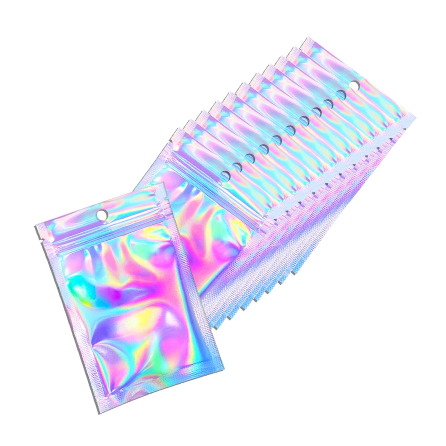 100 Pcs Holographic Resealable Packaging Bags for Small Business Supplies, Cute Small Color Smell Proof Foil Pouch Plastic Baggies for Lip Gloss Soap Party Food Storage (4x6 inch)