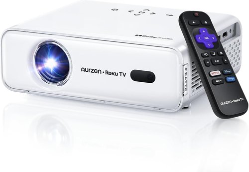 Aurzen D1R Smart Projector - 1080P FHD, Dolby Audio, Auto Focus & Keystone | Roku Streaming Bundle