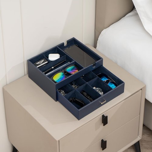 ProCase Father's Day Gift 2 Layers Valet Tray, Nightstand Organizer EDC Dump Catchall Trays with Phone Charging Station, Dresser Top Table Beside Entryway Storage Box -Black