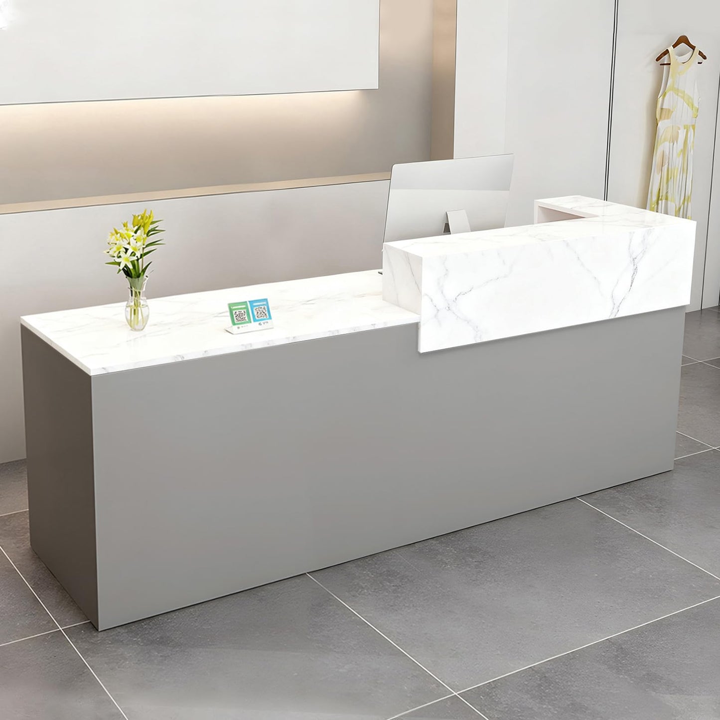 Modern Reception Desk with Drawer & Open Shelves, 39-95 Inch Front Counter Table, Computer Workstation Suitable for Salons, Offices, Lobbies, Retail Stores and Home Offices