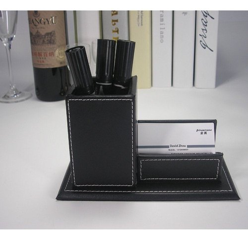 KINGFOM PU Leather Desk Organizer and Accessories, Pencil Holder for Desk with Business Cards Stand, School Office Supplies Collection Caddy Black