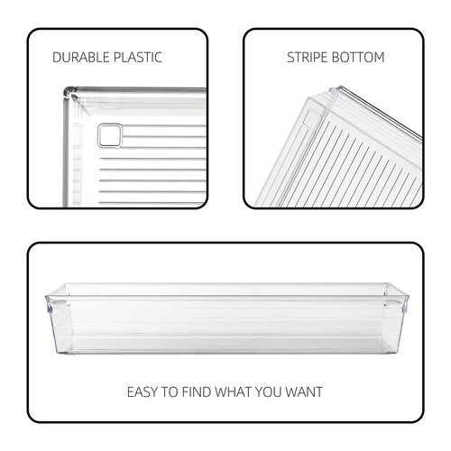 Backerysupply 4 Pack Storage Bins For Bathroom Cosmetic Makeup Vanity Clear Plastic Desk Drawer Organizers Tray Kitchen Utensils Silverware Dividers 15"x6"x2"