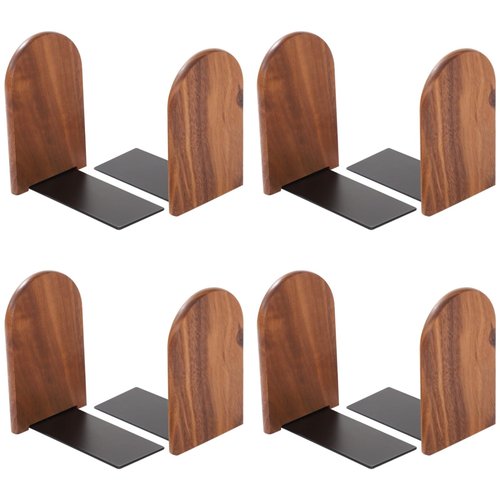 4 Pairs Wood Bookends, Heavy Duty Book Ends for Heavy Books, Non-Skid Book Organizers for Desk, Stylish Walnut Wood Design with Curved Top & Metal Support Base