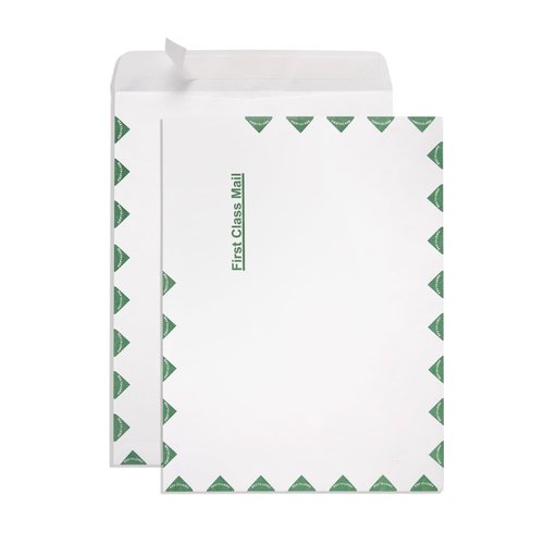 Blue Summit First-Class Tyvek Envelopes, 100 10 x 13 Peel & Seal Envelopes, White Tyvek with Center Seam and Green First-Class Markings