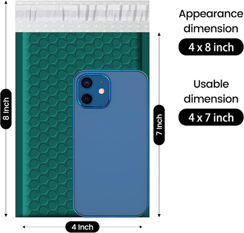 Fuxury Bubble Mailers - 100 Pack Waterproof 4x8" Forest Green Padded Envelopes for Small Business Shipping