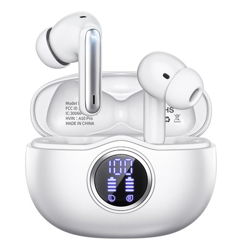 Sisism A10 Pro Wireless Earbuds Bluetooth 5.3 HiFi Stereo, 50H Playback LED Digital Display Earphones, ENC Noise Cancelling Mic, Ergonomic Sport Headphone Headset for Gym/Running/Work - White