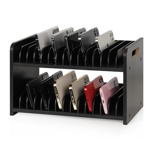 Ozzptuu Cell Phone Storage Classroom Cell Phone Holder Adjustable Wooden Multiple Rack Caddy Organizer Box for Classroom Office Desktop with 1-30 Number Stickers (30-Grid) (Black)