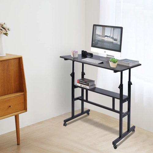 AIZ Mobile Standing Desk, Adjustable Computer Desk with Double-Layer and Rolling Wheels, Home Office Laptop Workstation, Portable Table for Standing or Sitting, Adults or Children,Rustic