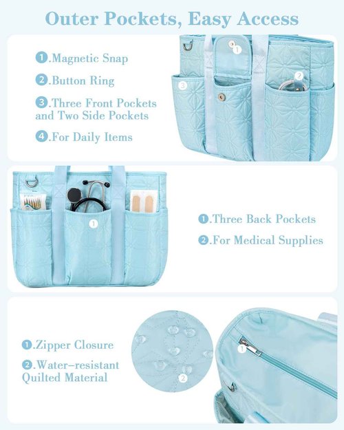 GreenTribes Work Tote Bag for Women with 15.6 Inch Laptop Compartment Quilted Nurse Bag for Work with Shoulder Strap, Zipper and Pockets (Blue)