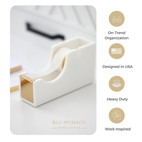 Blu Monaco Acrylic Cute White and Gold Tape Dispenser – Sleek Desktop Tape Cutter for Office & Home – Smooth Cutting Blade & Non-Slip Base – Fits Standard & Large Rolls – Desk Accessory