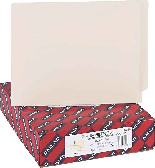 Smead Heavyweight End Tab Fastener File Folder, Shelf-Master® Reinforced Straight-Cut Tab, 1 Fastener, Letter Size, Manila, 50 per Box (34210)