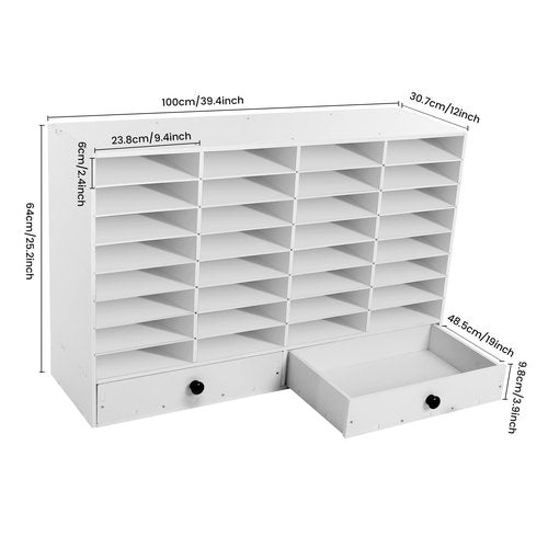 PERFERATE 32 Slots Literature Organizer Office Mailbox with Adjustable Shelves and 2 Drawers PVC Literature Storage Desktop File Sorter Cabinet Office Mailbox Classroom Keeper (White)