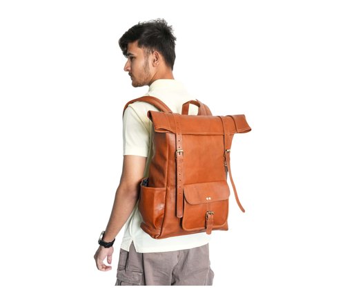 jaald 23" Brown Leather Backpack Vintage Rucksack Laptop Bag Large Travel Roll Top College Bookbag Comfortable Lightweight Travel Hiking/picnic For Men